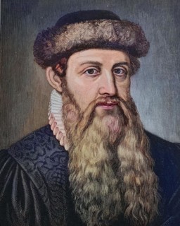 Johannes Gensfleisch zum Laden zum Gutenberg was a German blacksmith, goldsmith, printer, and publisher who introduced printing to Europe, Historical, digitally restored reproduction of an original fr...
