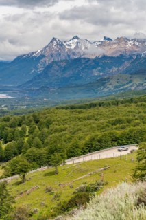 Car on the Carretera Austral, also Panamericana, Cerro Castillo National Park, Aysen, Patagonia, Chile, South America