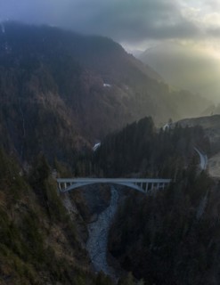 Salginatobel Bridge, educational object 1930s reinforced concrete bridge, engineering milestone ASCE, UNESCO World Heritage waiting list, drone image, Schiers Schuders, Praettigau, Graubuenden, Switze...