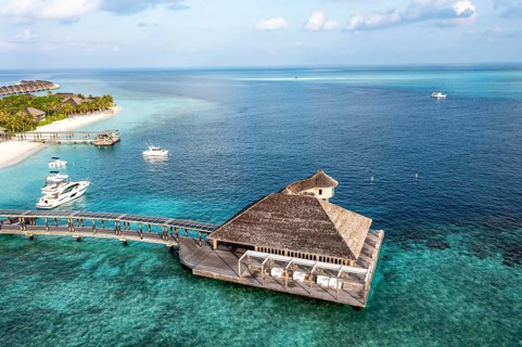 Aerial view, Hurawalhi Island resort with beaches and water bungalows, North Male Atoll, Maldives, Indian Ocean, Asia