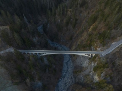 Salginatobel Bridge, educational object 1930s reinforced concrete bridge, engineering milestone ASCE, UNESCO World Heritage waiting list, drone image, Schiers Schuders, Praettigau, Graubuenden, Switze...
