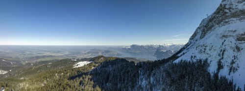 Flank of Mount Pilatus with cable car, in the background Rigi, Buergenstock and Lake Lucerne, Fraekmuentegg, Lucerne, Switzerland, Europe