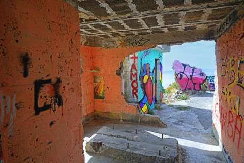 Ruin with graffiti on the beach Playa de las Teresitas, San Andres, back Santa Cruz, Tenerife, Canary Islands, Spain, Europe