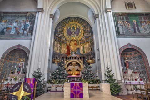 Christmas decorated high altar, neo-Romanesque parish church of St. Anne in Lehel, Munich, Bavaria, Germany, Europe