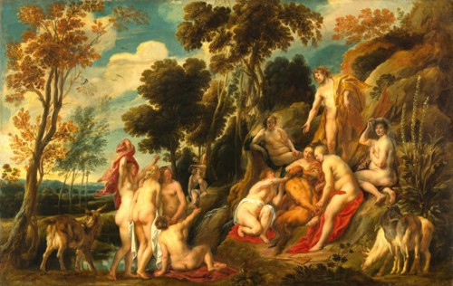 Nymphs cutting off the beard of Pan, Greek shepherd god, Historical, digitally restored reproduction from a historical work of art