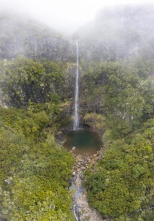 Aerial view, Lagoa do Vento with Upper Risco waterfall, forest and fog, Rabacal, Madeira, Portugal, Europe