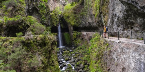 Levada do Moinho, Waterfall in a gorge, Ponta do Sol, Madeira, Portugal, Europe