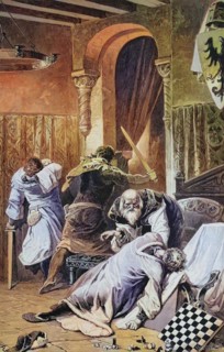 Philip of Swabia was a prince of the House of Hohenstaufen and king of Germany who was assassinated by Otto von Wittelsbach, Historical, digitally restored reproduction of a 19th century original
