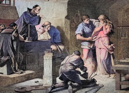Interrogation of a woman, who is accused of being a witch, Historical, digitally restored reproduction of an original from the 19th century, exact date unknown