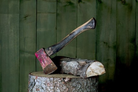 Axe on chopping block with log in front of green wooden wall, studio shot, Germany, Europe