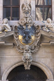 Middle entrance portal of the historic Wolf Town Hall, built in 1622, Nuremberg, Middle Franconia, Bavaria, Germany, Europe