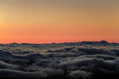 Shortly in front of sunrise above trade wind clouds at an altitude of 2000 metres, Teide National Park, Tenerife, Canary Islands, Spain, Europe