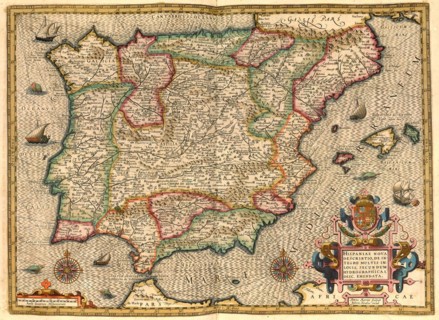 Atlas, map from 1623, Iberian Peninsula, Spain, Portigal, digitally restored reproduction from an engraving by Gerhard Mercator, born as Gheert Cremer, 5 March 1512, 2 December 1594, geographer and ca...