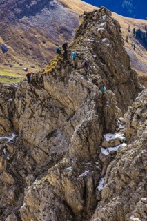 Climbers on the Innerkoflerturm, view from the Langkofelscharte, Sella Pass, Dolomites, South Tyrol, Italy, Europe