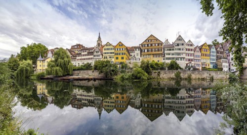 City view with historical buildings on the Neckar, Neckar front, Collegiate Church and Hoelderlin Tower, Tuebingen, Baden-Wuerttemberg, Germany, Europe