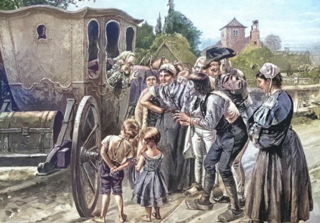 Francois-Marie Arouet, known by his nom de plume Voltaire, in a coach in Pomerania, Historical, digitally restored reproduction of an original from the 19th century, exact date unknown