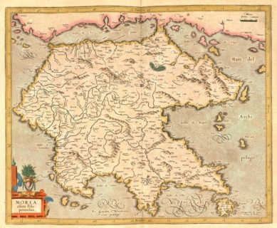 Atlas, map from 1623, Morea, Greece, digitally restored reproduction from an engraving by Gerhard Mercator, born Gheert Cremer, 5 March 1512, 2 December 1594, geographer and cartographer, Europe