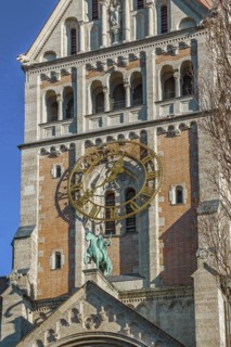 Tower clock and ornamental monument, neo-Romanesque parish church of St. Anne in Lehel, Munich, Bavaria, Germany, Europe