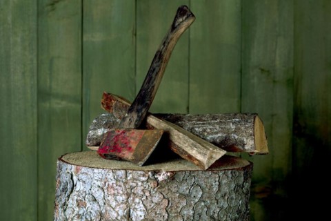 Axe on chopping block with log in front of green wooden wall, studio shot, Germany, Europe