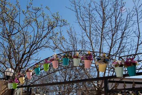Fake flowers in flower pots for decoration