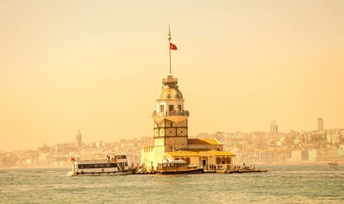 Maidens Tower located in the middle of Bosporus