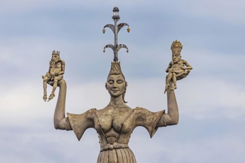 New landmark is the nine-metre-high Imperia at the harbour entrance, designed by artist Peter Lenk, Lake Constance, Constance, Baden-Wuerttemberg, Germany, Europe