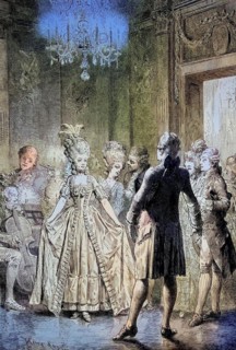 In Minuet is a ballroom dance of French origin for two people, from the Rococo period, Historic, digitally restored reproduction of a 19th century original