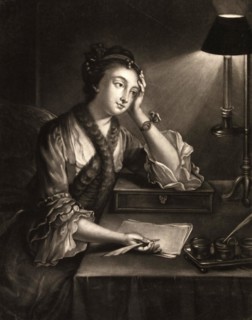 Woman sitting at a table and writing a letter, c. 1800, Germany, Historic, digitally restored reproduction of an original from the period, Europe