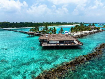 Aerial View, Paradise Island with Water Bungalows, Indian Ocean, Lankanfushi, North Male Atoll, Maldives, Asia