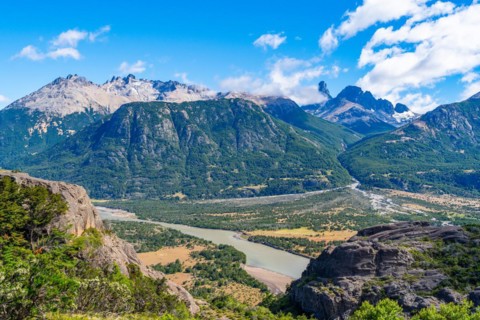 River valley of the Rio Ibanez and mountains in Cerro Castillo National Park, Carretera Austral, Aysen, Patagonia, Chile, South America