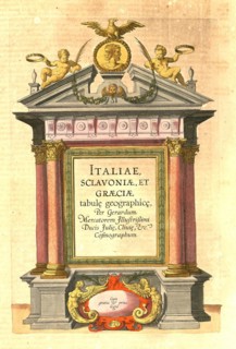 Atlas, map from 1623, Italy, intertitle in the atlas, digitally restored reproduction from an engraving by Gerhard Mercator, born as Gheert Cremer, 5 March 1512, 2 December 1594, geographer and cartog...