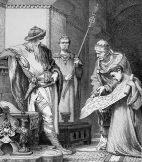 Charlemagne, 2 April 742, 28 January 814, also known as Charlemagne, Carolus or Karolus Magnus or Charles I, looking at the building plan of the Castle Church of Aachen, Germany, Historical, digitally...