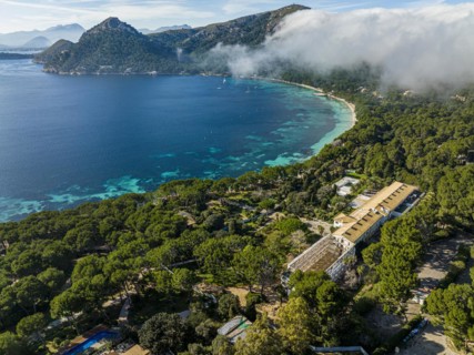 Aerial view, Spain, Balearic Islands, Port de Pollenca, Formentor Peninsula with Formentor Beach, Hotel Royal Hideaway Formentor formerly Hotel Formentor, Cala Pi de la Posada, Illa del Geret, Europe