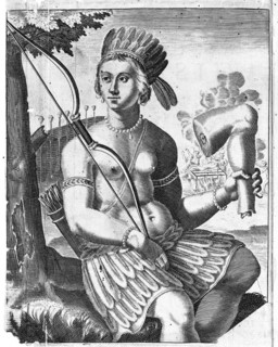 An allegorical representation of the Americas in the form of a seated Indian woman in a feathered skirt and headdress holding a bow and a severed human leg. Human activities include scenes of cannibal...