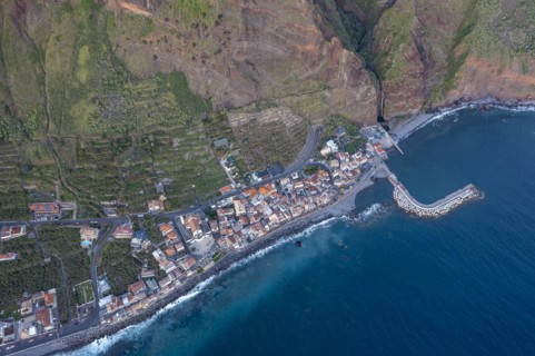 View of the village from above, aerial view, coast and houses, Paul do Mar, Madeira, Portugal, Europe