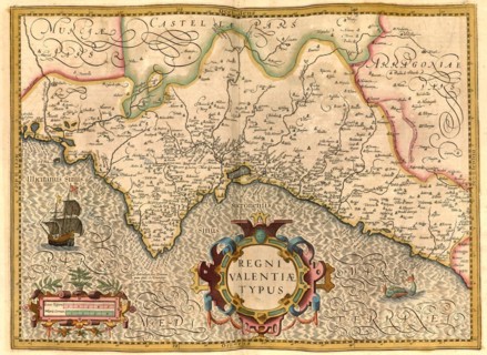 Atlas, map from 1623, Regni Valentiae Typus, Reino de Valencia, Spain, digitally restored reproduction from an engraving by Gerhard Mercator, born as Gheert Cremer, 5 March 1512, 2 December 1594, geog...