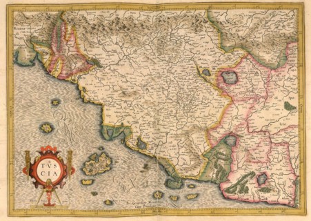Atlas, map from 1623, Tuscia, Etruria, ancient landscape in central Italy, Italy, digitally restored reproduction from an engraving by Gerhard Mercator, born as Gheert Cremer, 5 March 1512, 2 December...