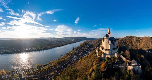 Aerial view of the Rhine Valley with the Marksburg Castle, Braubach, UNESCO World Heritage Site, Upper Middle Rhine Valley, Rhineland-Palatinate, Germany, Europe