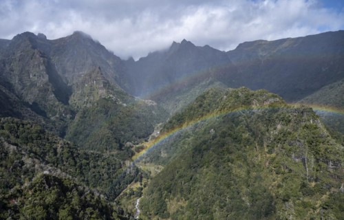 Double Rainbow, Miradouro dos Balcoes, Ribeira da Metade Mountain Valley and the Central Mountains, Madeira, Portugal, Europe