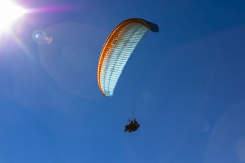 Paragliding tandem flight, Val Gardena, Dolomites, South Tyrol, Italy, Europe