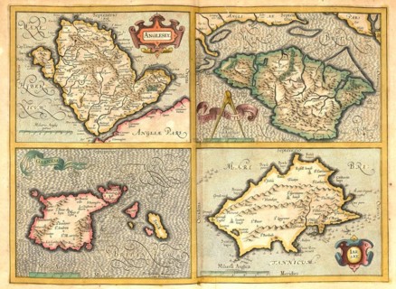 Atlas, map from 1623, Anglesey Island in Wales, Isle of Wight, Garnesay Guernsey, Iarsey Jersey, digitally restored reproduction from an engraving by Gerhard Mercator, born as Gheert Cremer, 5 March 1...