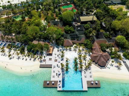 Aerial View, Paradise Island with Water Bungalows, Indian Ocean, Lankanfushi, North Male Atoll, Maldives, Asia