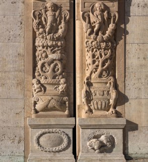 Left and right column of the historic entrance portal from 1910, detail, Chamber of Industry and Crafts, Nuremberg, Middle Franconia, Bavaria, Germany, Europe