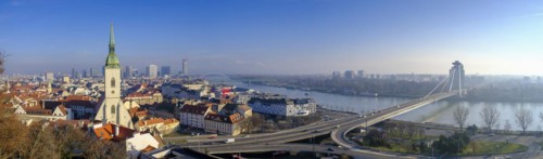 Panorama of the castle with the Old Town and St. Martins Church, the Danube and the Petrzalka district, Bratislava, Bratislava, Slovakia, Europe