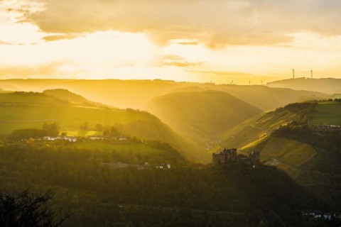 Panorama and sunset, Schoenburg, Oberwesel, Upper Middle Rhine Valley, UNESCO World Heritage Site, Rhineland-Palatinate, Germany, Europe