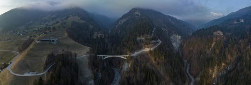 Salginatobel Bridge, educational object 1930s reinforced concrete bridge, engineering milestone ASCE, UNESCO World Heritage waiting list, drone image, Schiers Schuders, Praettigau, Graubuenden, Switze...