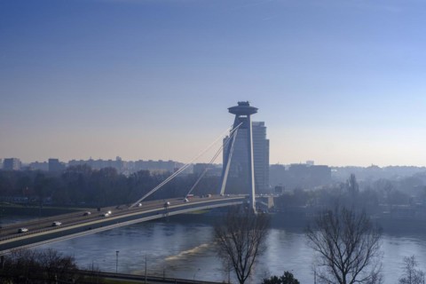 Slovak National Uprising Bridge, with Ufo, over the Danube, Bratislava, Bratislava, Slovakia, Europe
