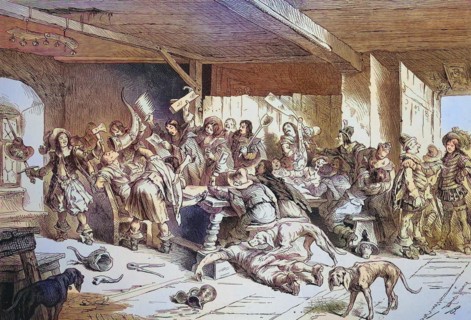 How to make a pennal, a schoolboy, a chorister, a young man, in the 17th century. Drinking party in an inn, Historical, digitally restored reproduction of a 19th century original