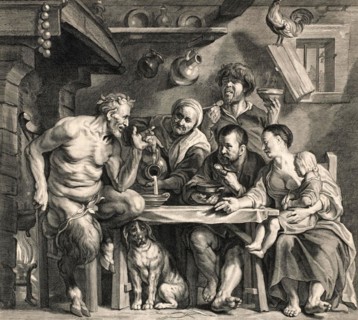 A satyr, hybrid creature of Greek mythology, visiting a peasant family, Historical, digitally restored reproduction of a historical work of art