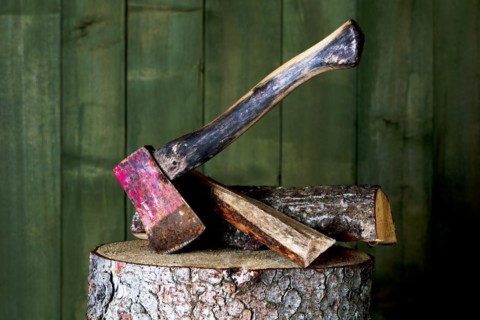 Axe on chopping block with log in front of green wooden wall, studio shot, Germany, Europe